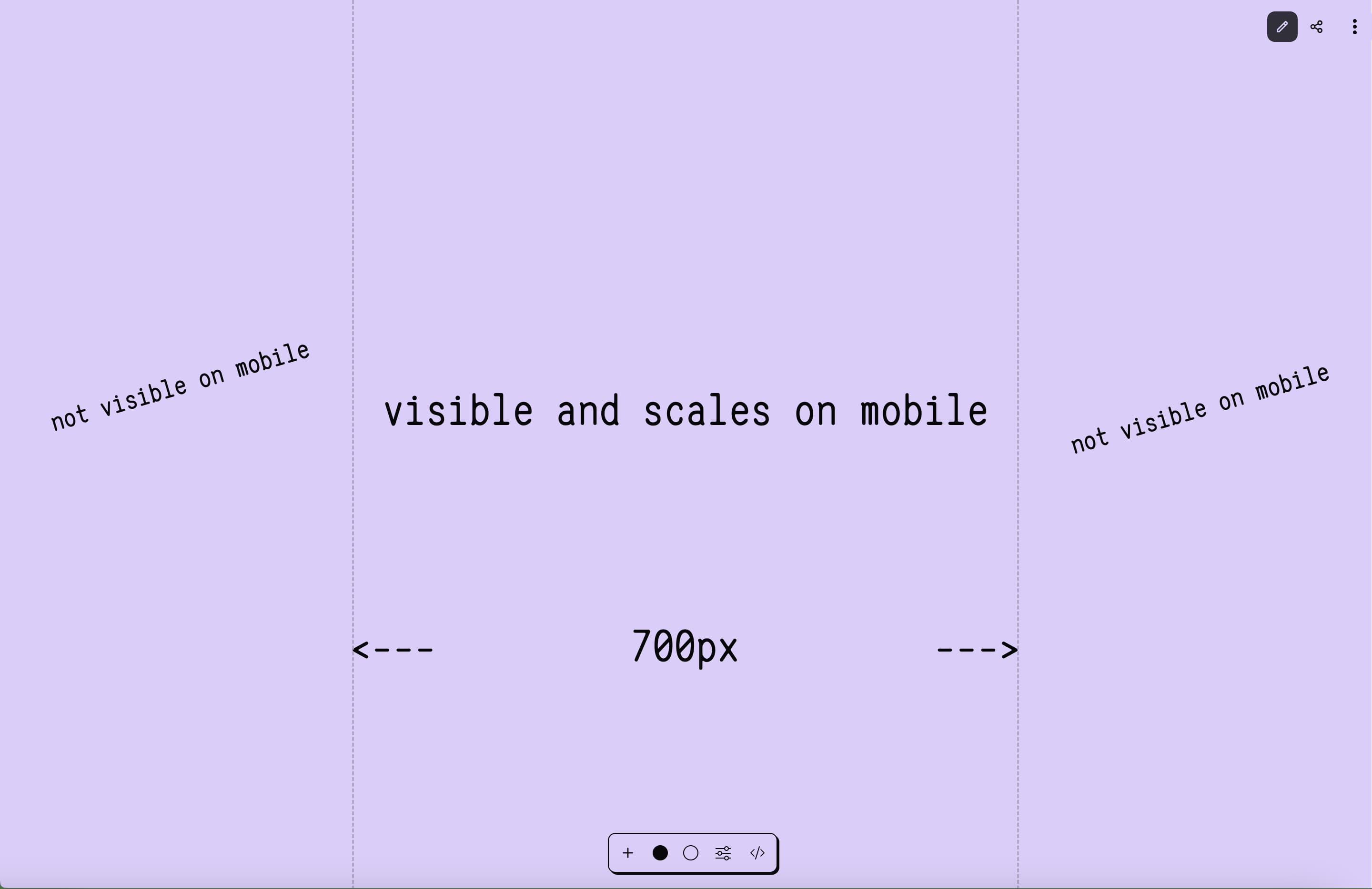 Wobble editor showing a section 700px wide that scales and is visible on mobile with a dotted border on each side and content that is not visible on mobile